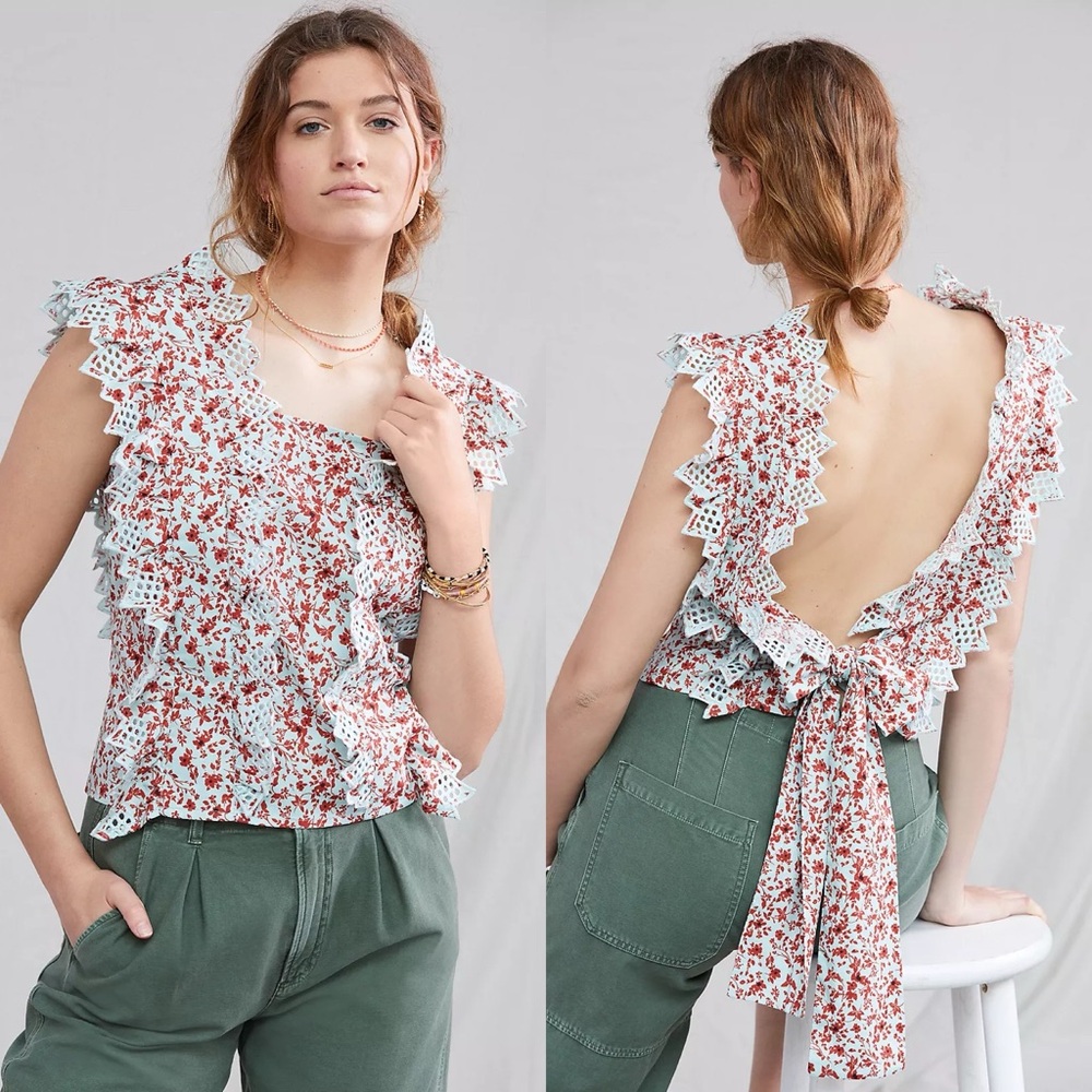 Anthropologie White & Rust Floral Ruffle Open-Back Blouse